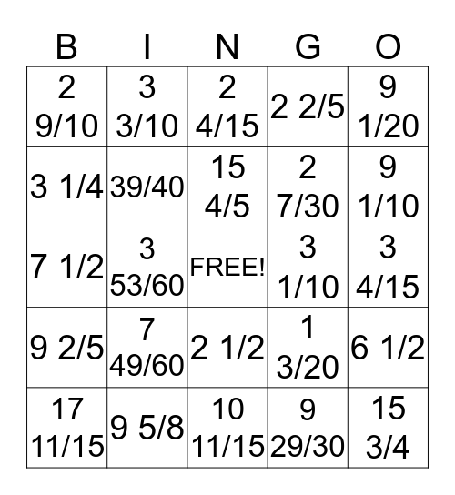 FRACTION BINGO 5TH GRADE Bingo Card