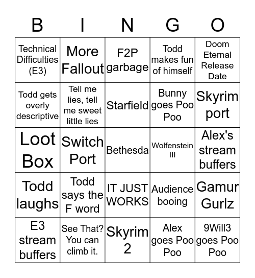 BETHESDA E3 2019 BINGO Card