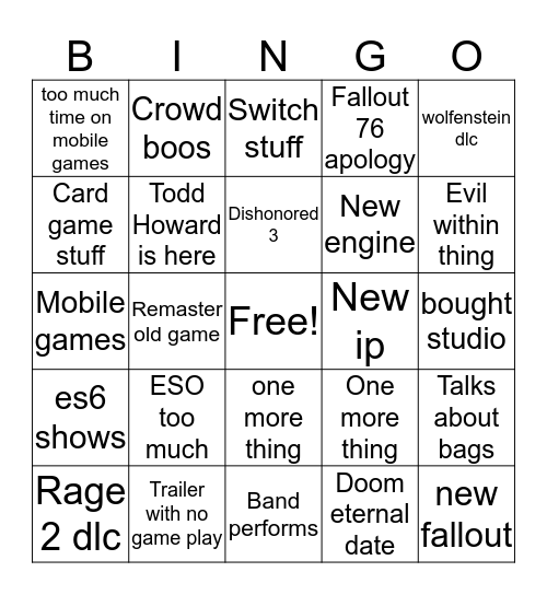 Bethesda E3 2019 bingo Card