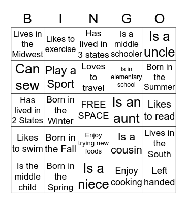 Family Reunion Bingo Card