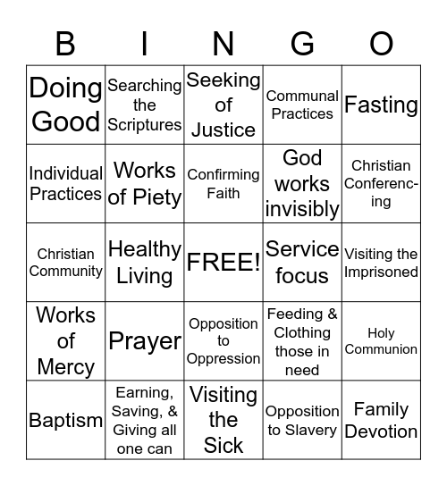 Means of Grace Bingo Card