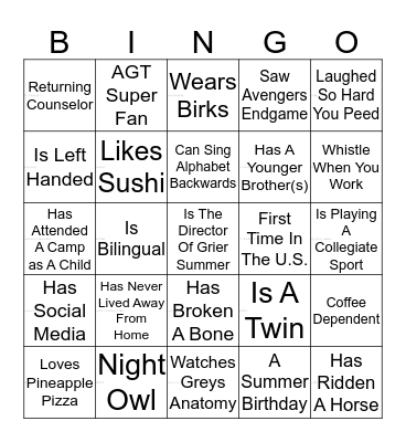 Grier Summer Get To Know You Bingo Card