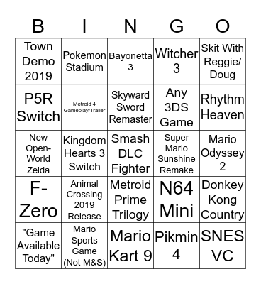 Nintendo E3 Bingo Card