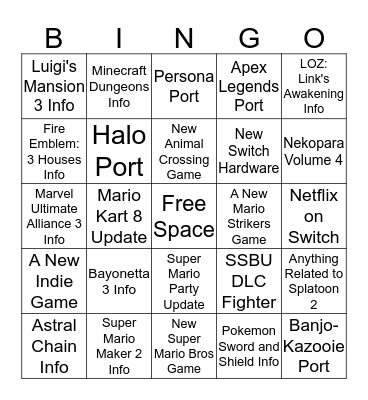 Nintendo E3 Direct Bingo Card Bingo Card