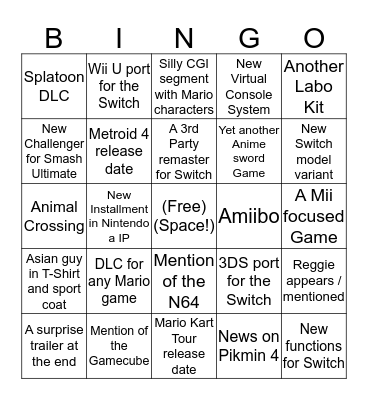 Nintendo Direct Bingo Card