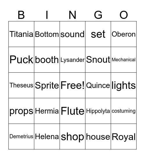 A Midsummer Night's Bingo Card