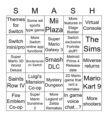 Nintendo E3 Bingo Card