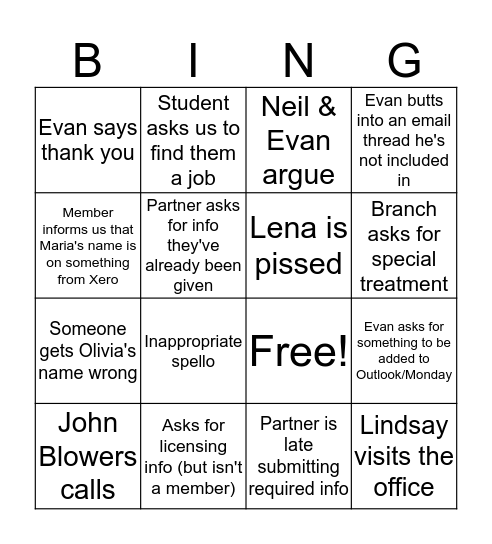 BDAQ Head Office Bingo Card
