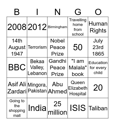 Malala Yousafzai Bingo Card