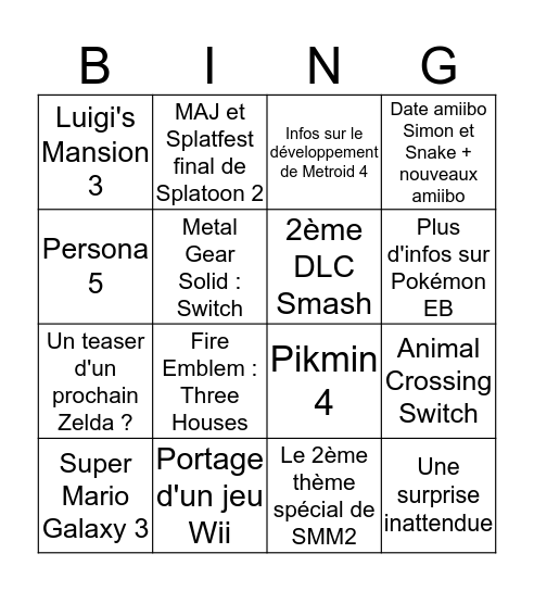 Nintendo direct E3 2019 bingo Card