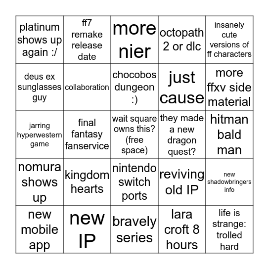 Square Enix Bingo Card
