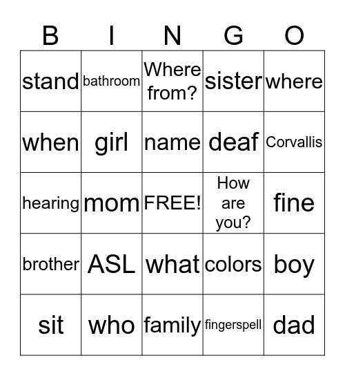 ASL 1 Bingo Card