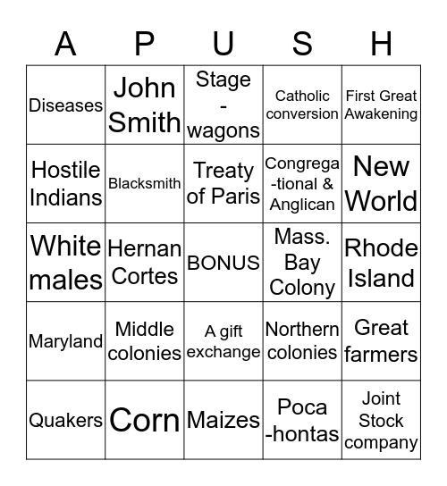 Colonial Era Bingo Card
