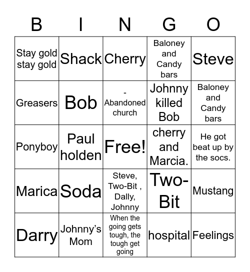 Outsiders Bingo  Bingo Card