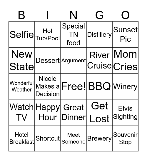 Road Trip Bingo Card