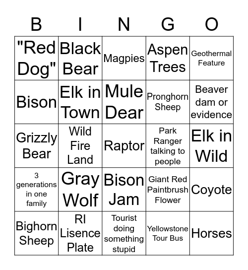 Hello, Yellowstone!  Bingo Card