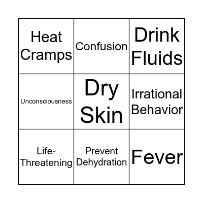 Heat Illness Bingo Card