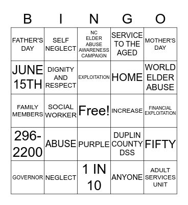 Elder Abuse Awareness Bingo Card