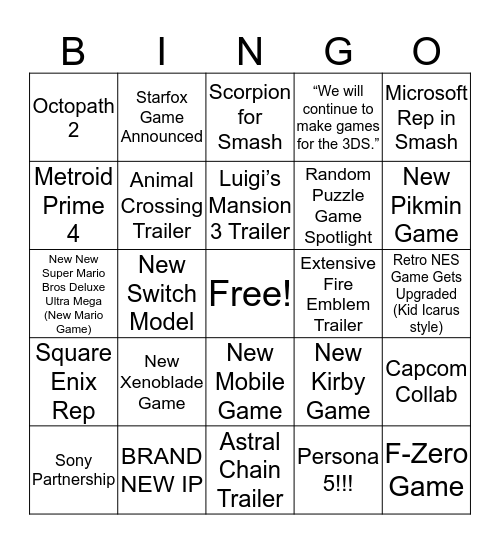 Nintendo E3 2019 Bingo Card Bingo Card