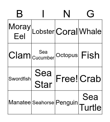 Ocean Animal Yoga bingo Card