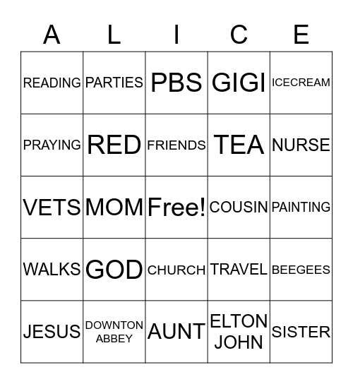 ALICE Bingo Card