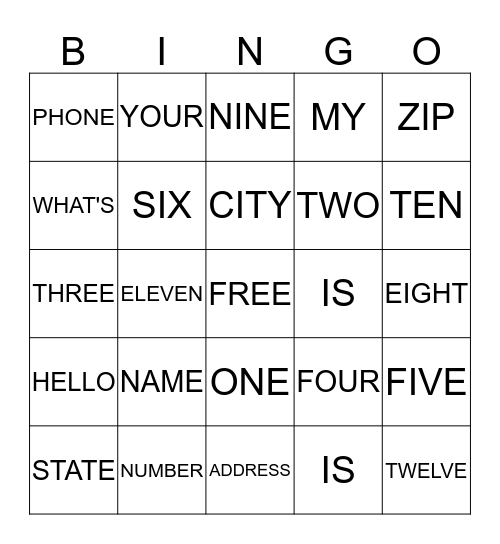 B I N G O   N U M B E R S Bingo Card