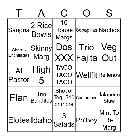 Tacos & Tequila Cantina Bingo Card