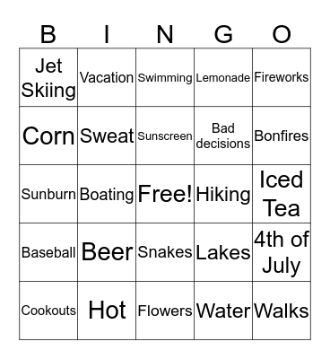 Fun in the Sun  Bingo Card