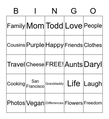 SHANE Bingo Card