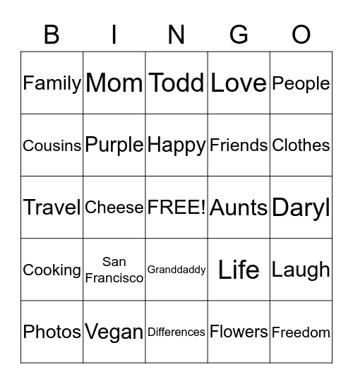 SHANE Bingo Card