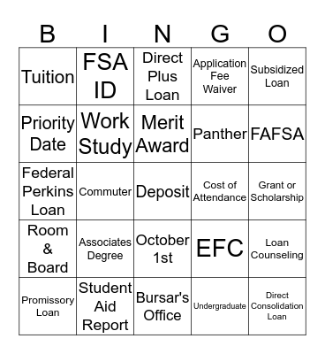 Financial Aid Lingo Bingo Card