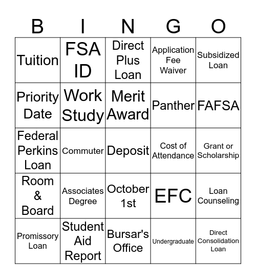 Financial Aid Lingo Bingo Card