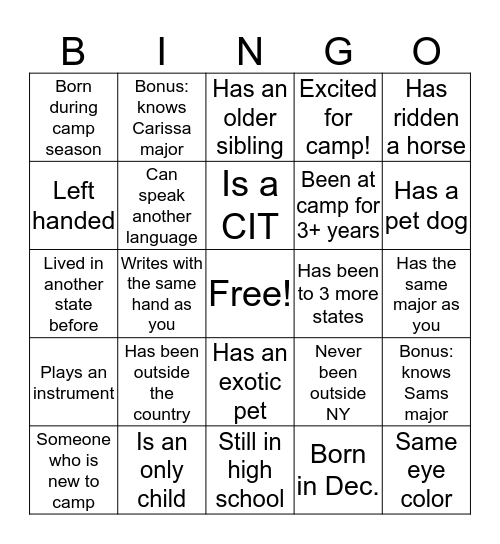 Camp Staff Bingo Card