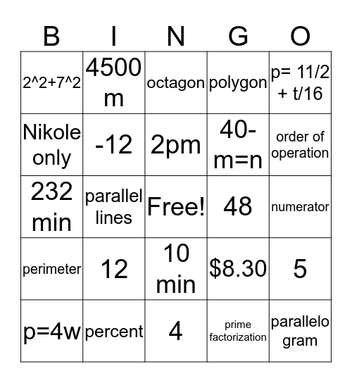6th Summer School Math Review Bingo Card