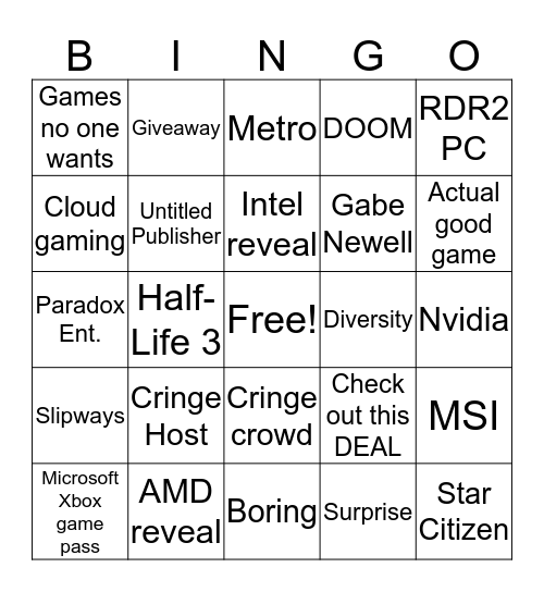 E3 2019 PC Gaming Show Bingo Card