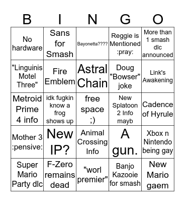 NINTENDO E3 BINGO EXTRAVAGANZA Bingo Card