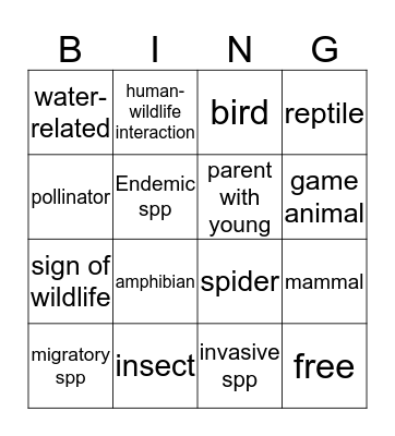 #WildlifeIsEverywhere Bingo Card