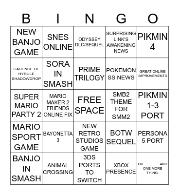 Nintendo E3 2019 Bingo Card