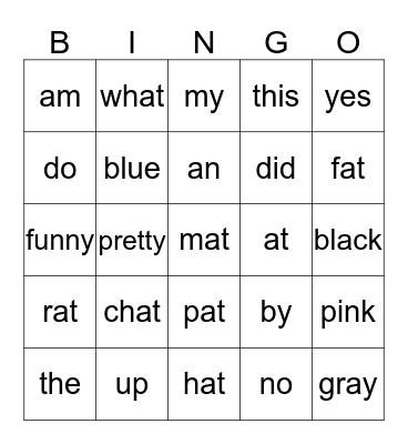 sight word bingo Card
