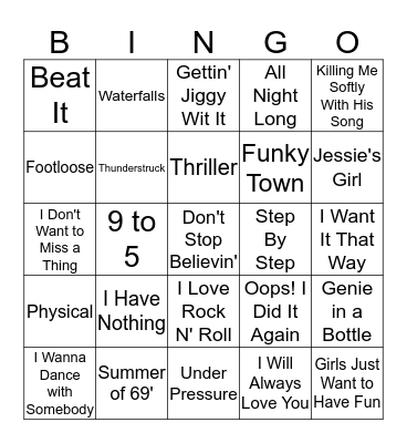 80's and 90's Hits Bingo Card