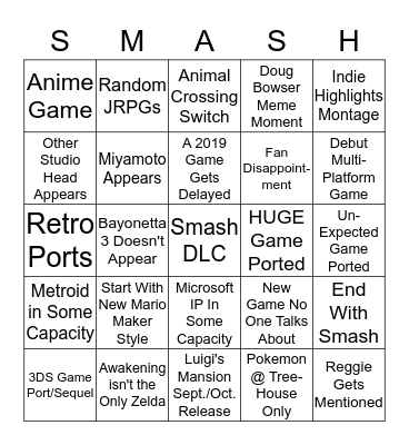 Nintendo E3 Direct Bingo Sheet Bingo Card
