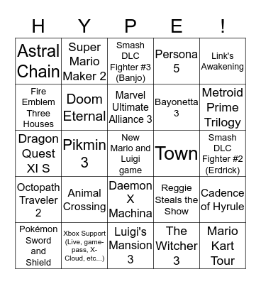 Nintendo E3 2019 Predictions Bingo Card