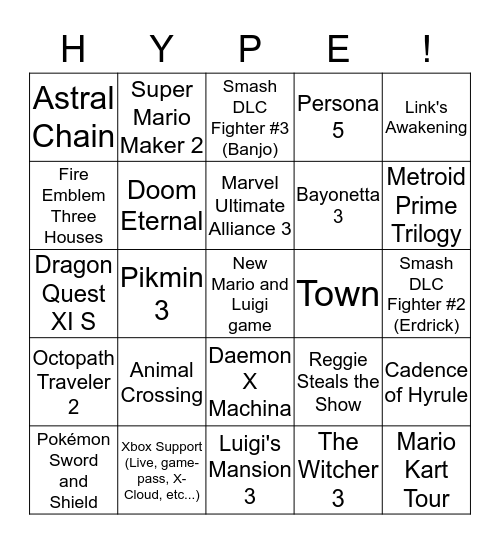 Nintendo E3 2019 Predictions Bingo Card