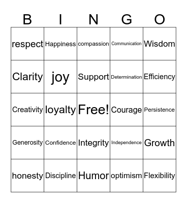 Positive Values Bingo Card