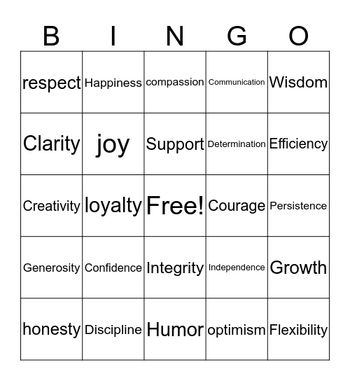 Positive Values Bingo Card