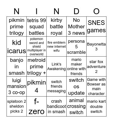 Nintendo E3 2019 Bingo Card