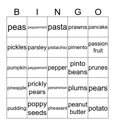 foods that start with a "P" Bingo Card