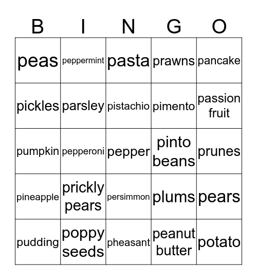 foods that start with a "P" Bingo Card