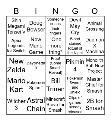 E3 2019 Nintendo Bingo Card