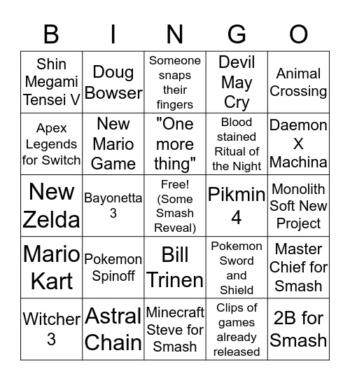 E3 2019 Nintendo Bingo Card